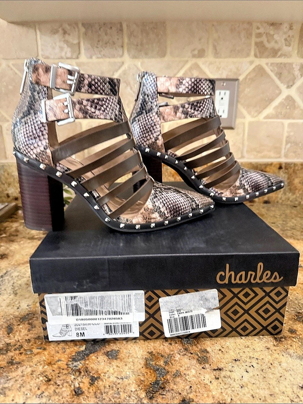 Charles by Charles David Diesel Bootie Studded Python-Print Heels NIB